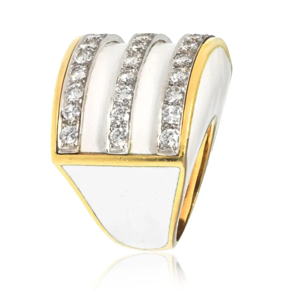 Platinum & 18K Yellow Gold White Enamel Diamond Cocktail Ring - The Back Vault