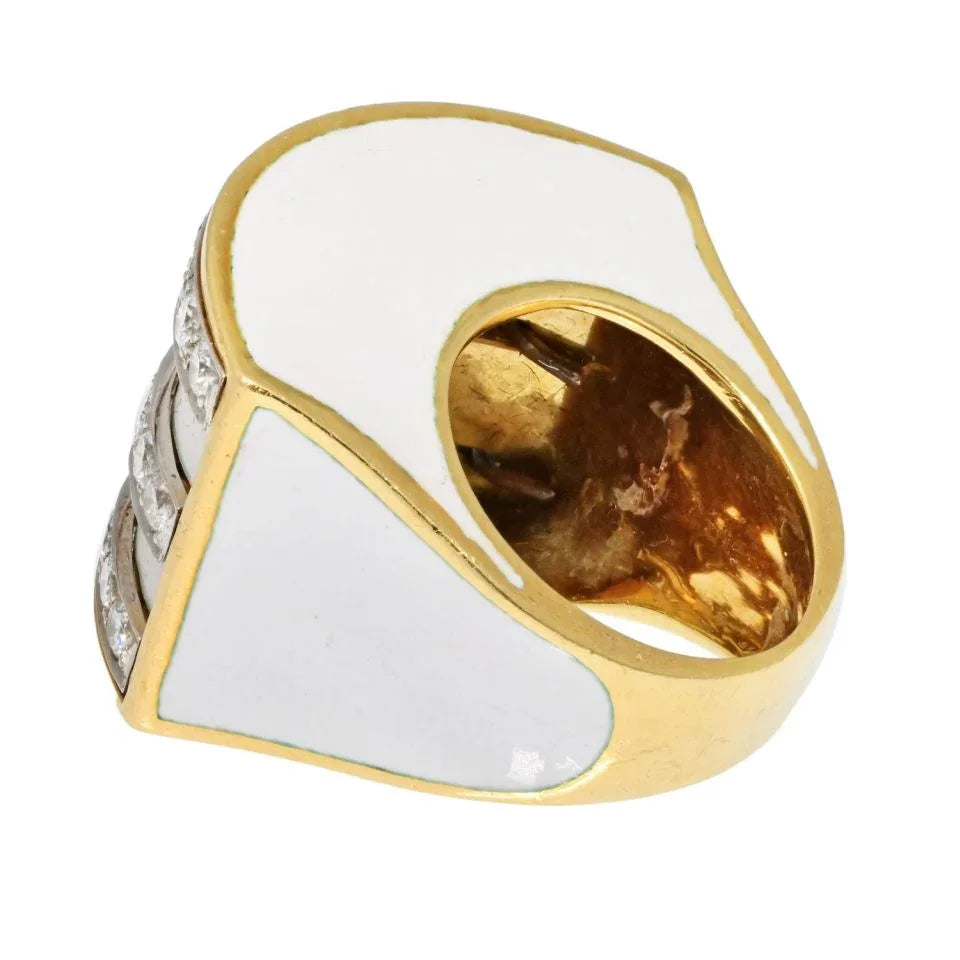 Platinum & 18K Yellow Gold White Enamel Diamond Cocktail Ring - The Back Vault