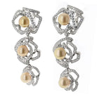 18K White Gold Triple Pearl Floral Motif Diamond Drop Earrings - The Back Vault
