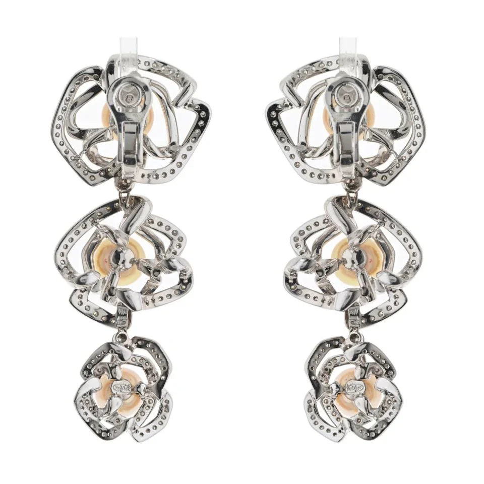 18K White Gold Triple Pearl Floral Motif Diamond Drop Earrings - The Back Vault