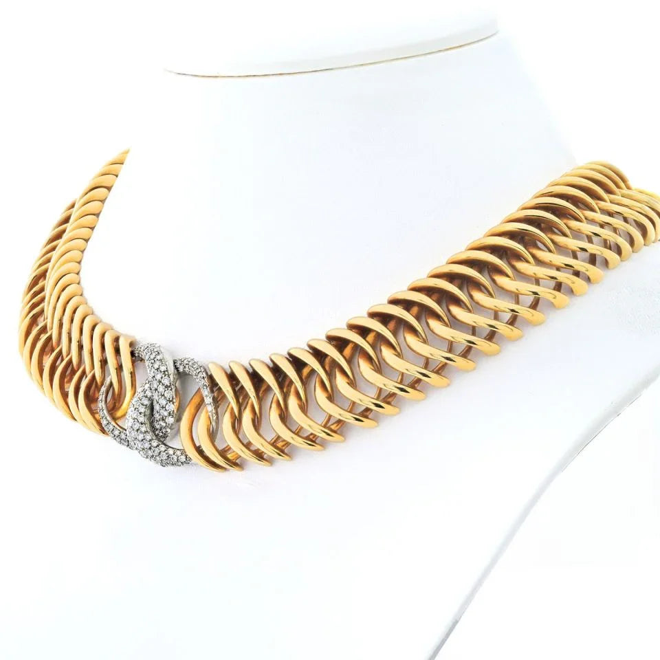 Verdura 18K Yellow Gold Double Crescent Pave Diamond Link Necklace - The Back Vault