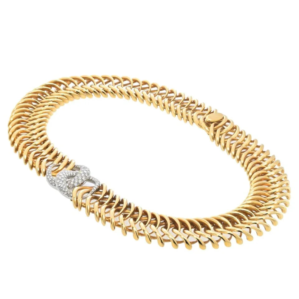 Verdura 18K Yellow Gold Double Crescent Pave Diamond Link Necklace - The Back Vault
