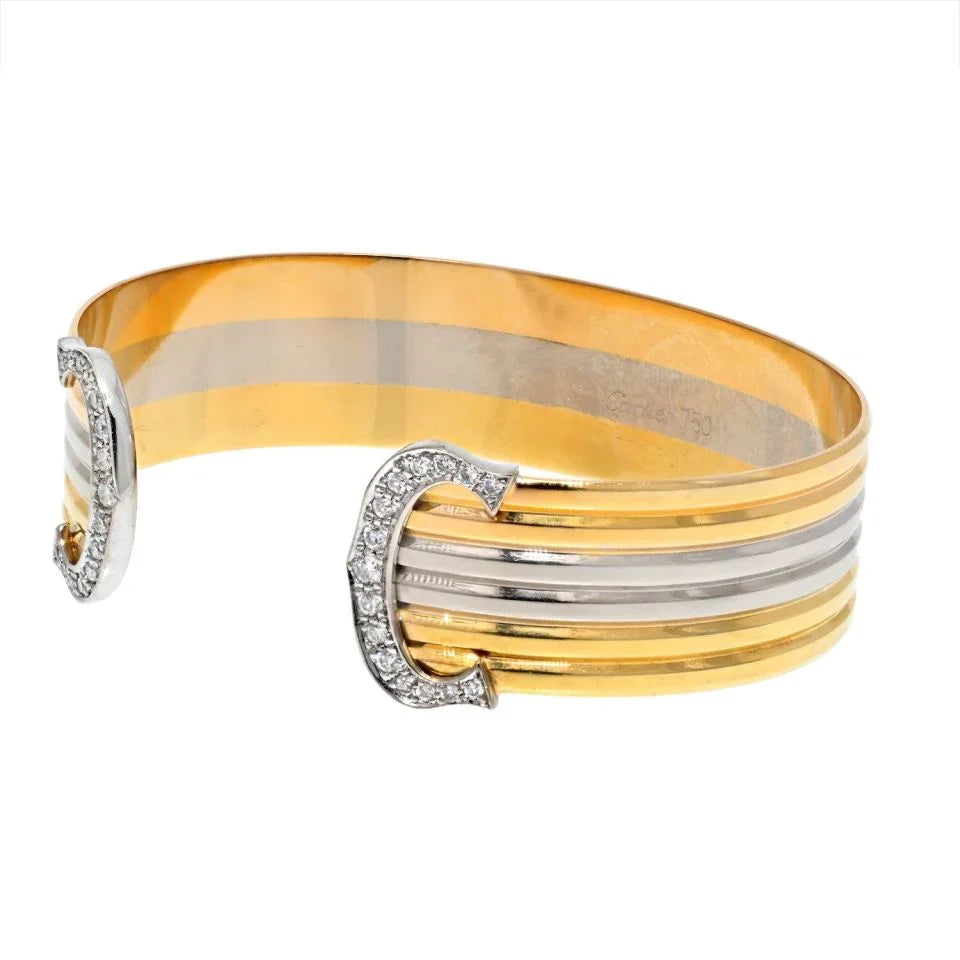 Cartier 18K Tri Color Double C Diamond Open Cuff Bracelet - The Back Vault