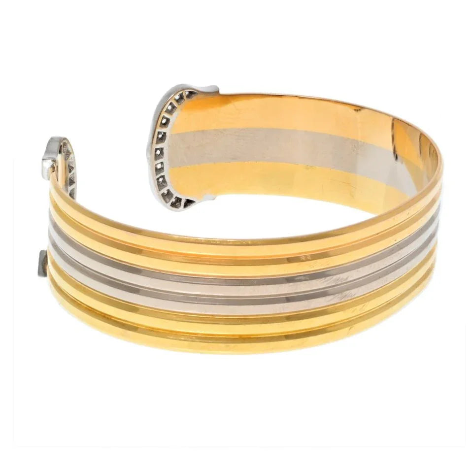 Cartier 18K Tri Color Double C Diamond Open Cuff Bracelet - The Back Vault
