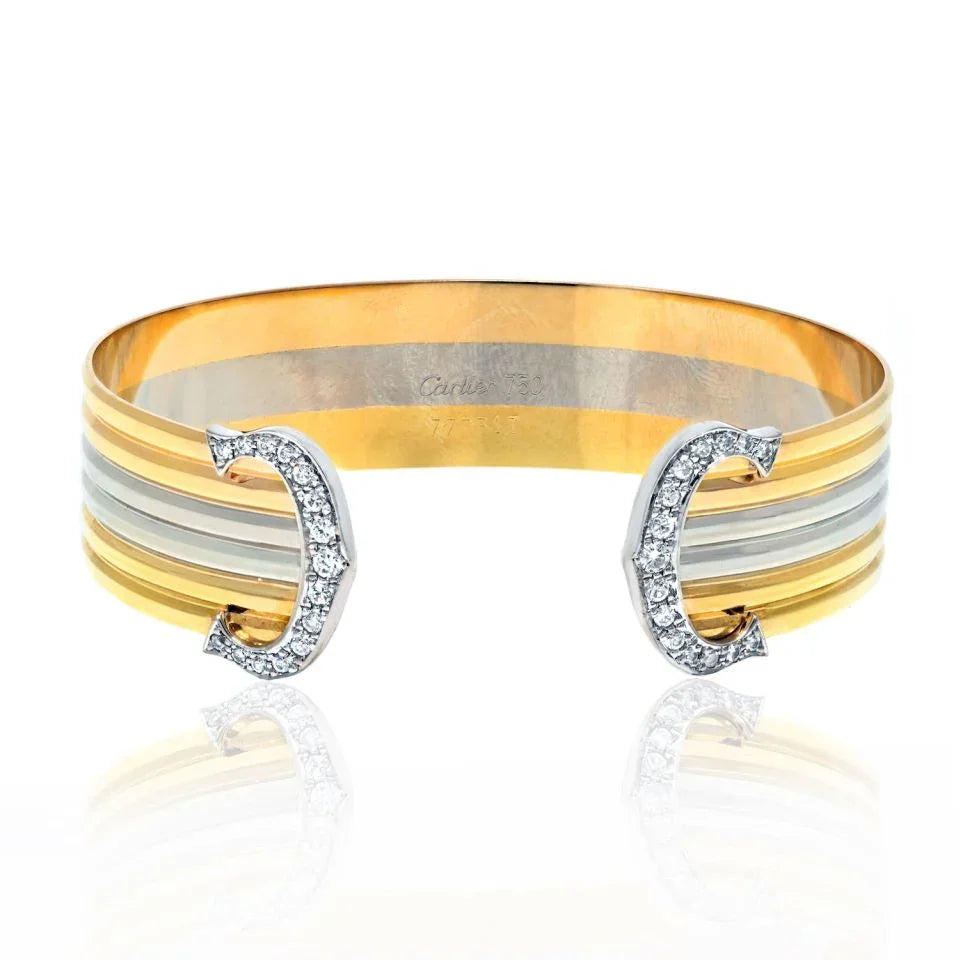 Cartier 18K Tri Color Double C Diamond Open Cuff Bracelet - The Back Vault