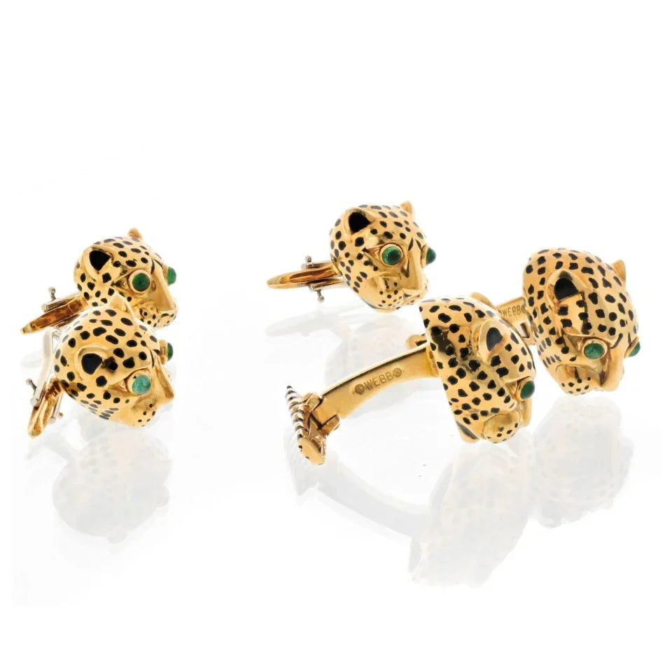 David Webb Platinum & 18K Yellow Gold Leopard Enamel Stud Set Cuff Links - The Back Vault