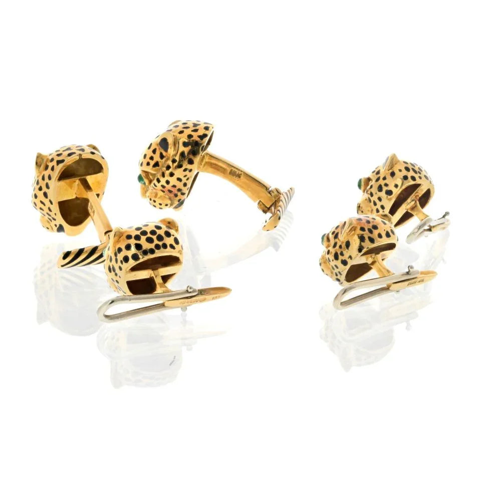 David Webb Platinum & 18K Yellow Gold Leopard Enamel Stud Set Cuff Links - The Back Vault