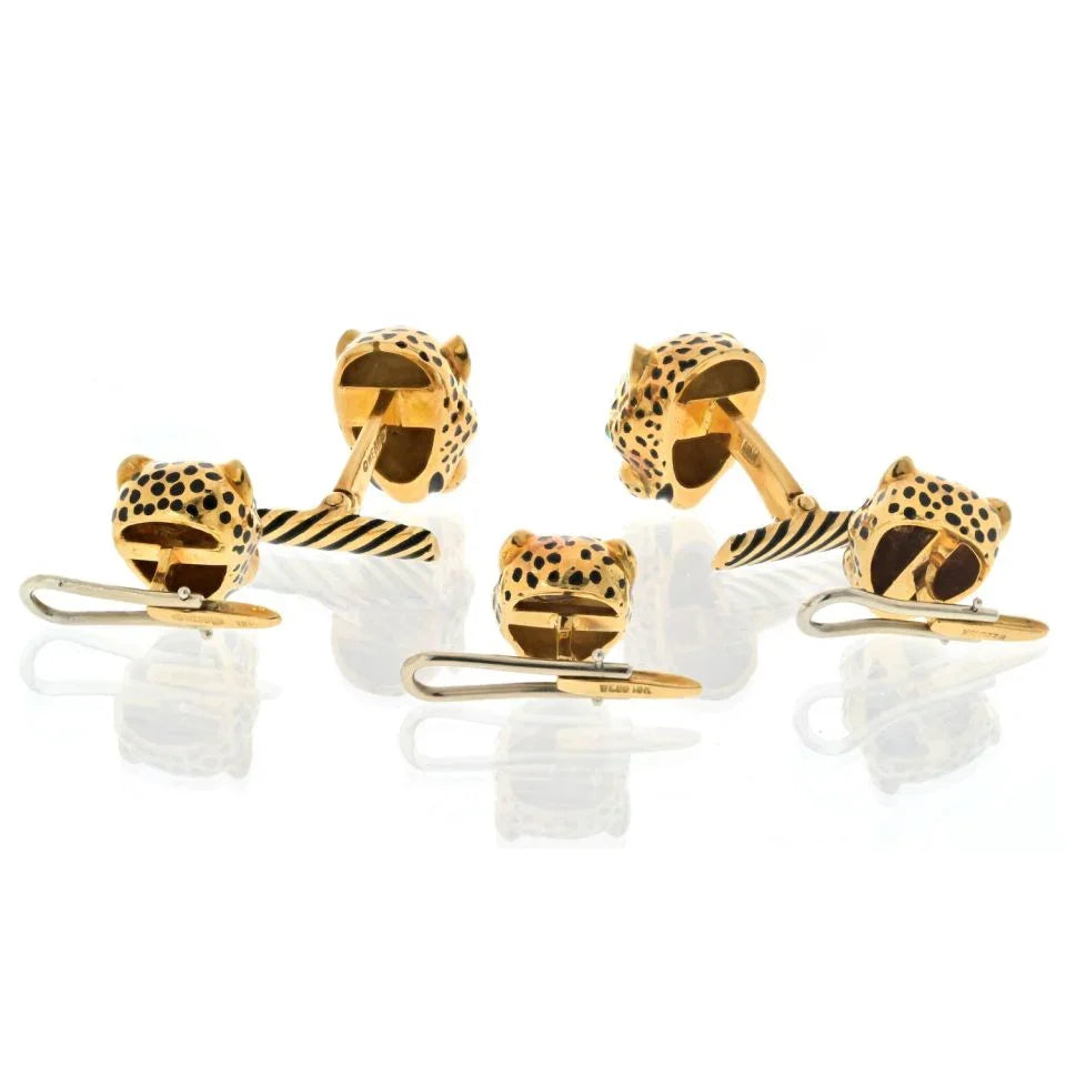 David Webb Platinum & 18K Yellow Gold Leopard Enamel Stud Set Cuff Links - The Back Vault