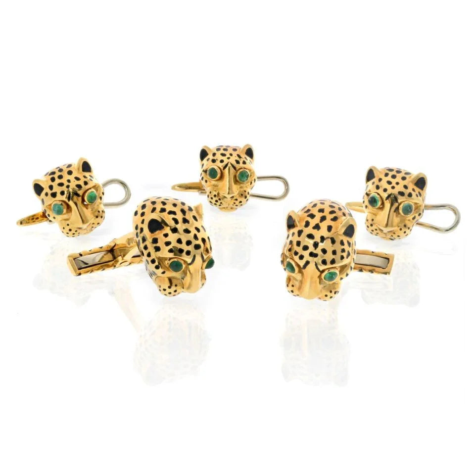 David Webb Platinum & 18K Yellow Gold Leopard Enamel Stud Set Cuff Links - The Back Vault
