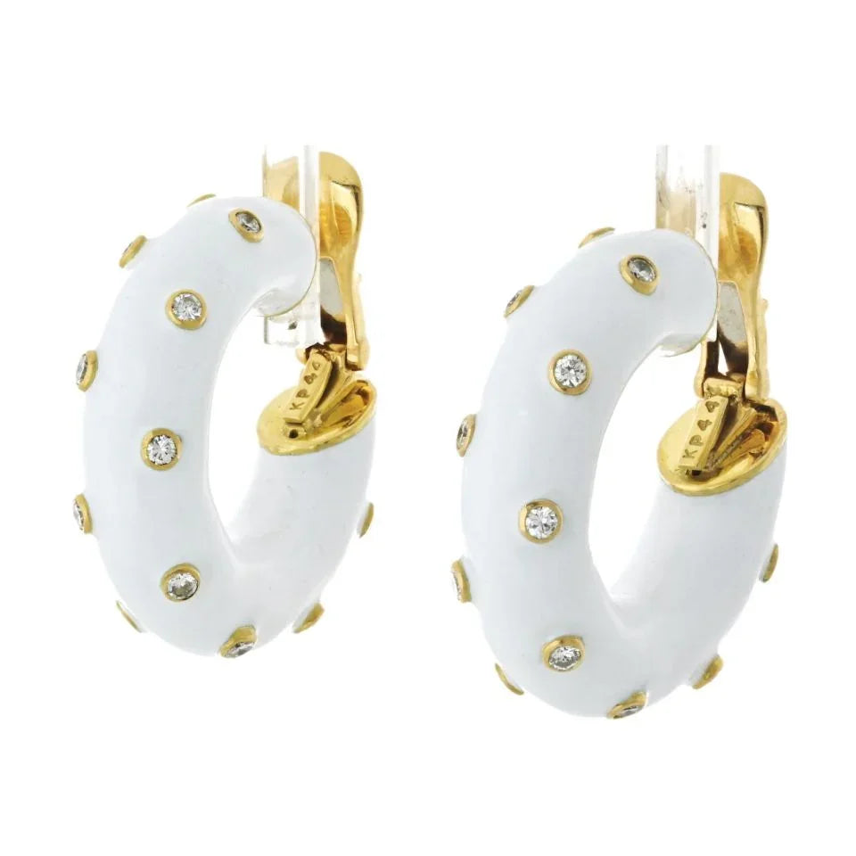David Webb Platinum & 18K Yellow Gold White Enamel And Diamond Mini Hoop Earrings - The Back Vault