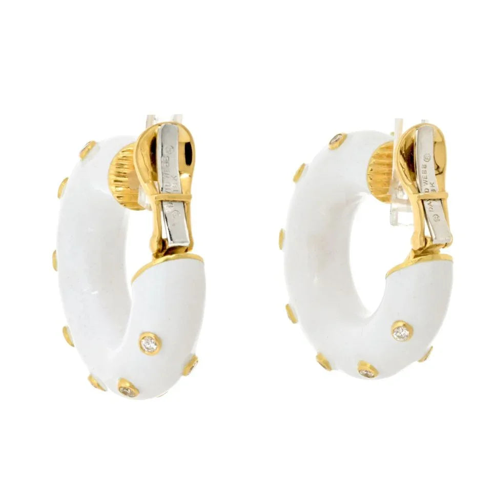 David Webb Platinum & 18K Yellow Gold White Enamel And Diamond Mini Hoop Earrings - The Back Vault