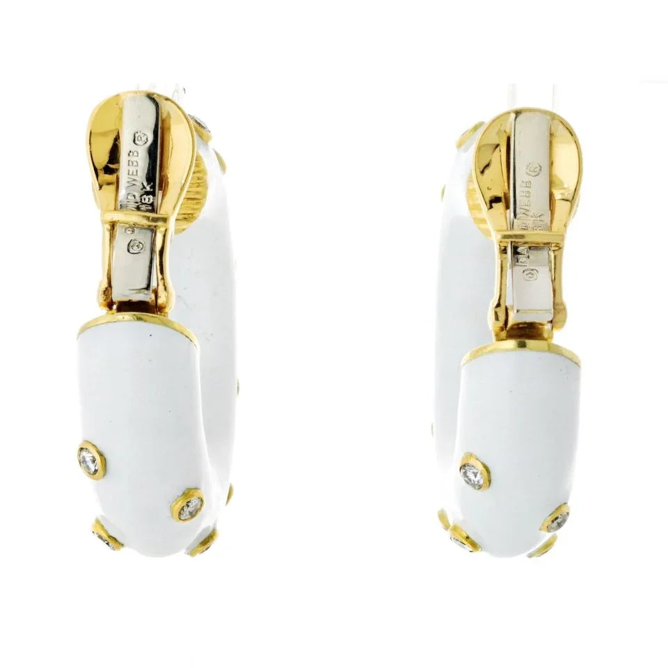 David Webb Platinum & 18K Yellow Gold White Enamel And Diamond Mini Hoop Earrings - The Back Vault