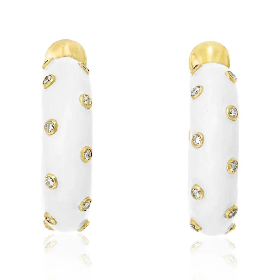 David Webb Platinum & 18K Yellow Gold White Enamel And Diamond Mini Hoop Earrings - The Back Vault
