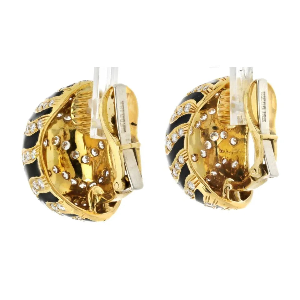 David Webb 18K Yellow Gold Zebra Style Pave Diamond Set Dome Clip On Earrings - The Back Vault