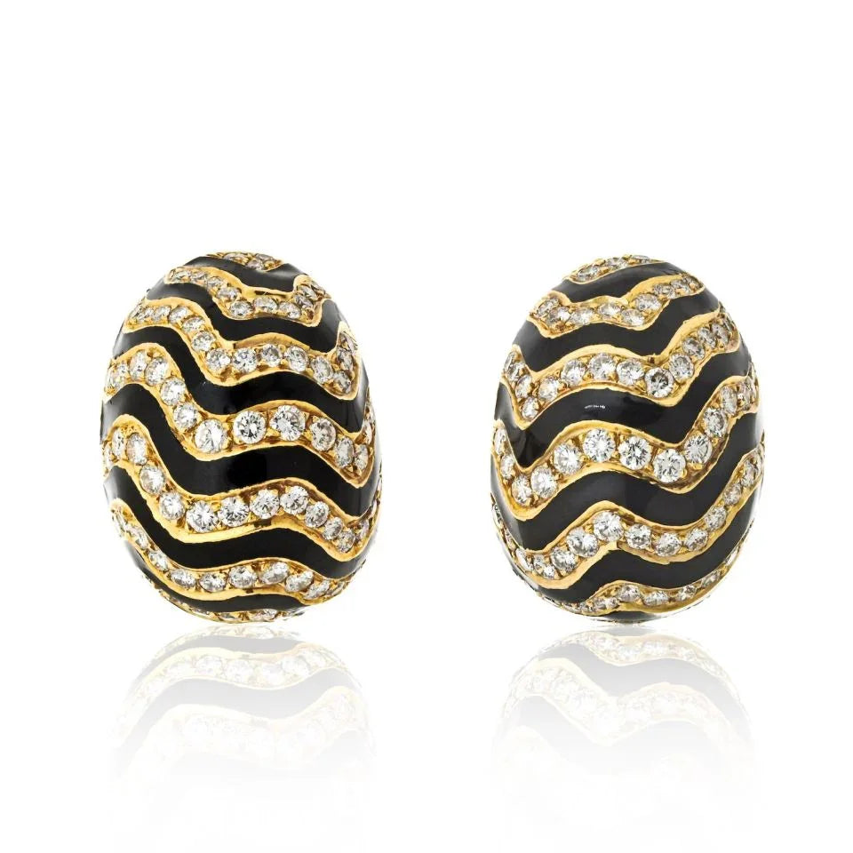 David Webb 18K Yellow Gold Zebra Style Pave Diamond Set Dome Clip On Earrings - The Back Vault