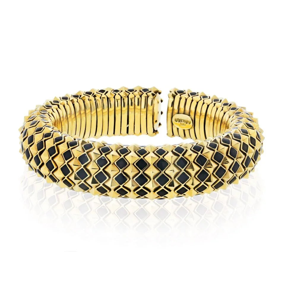 David Webb 18K Yellow Gold Spike Black Enamel Pyramid Slip On Bracelet - The Back Vault
