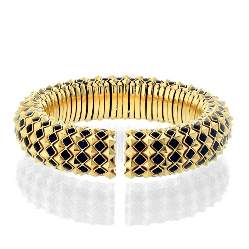 David Webb 18K Yellow Gold Spike Black Enamel Pyramid Slip On Bracelet - The Back Vault