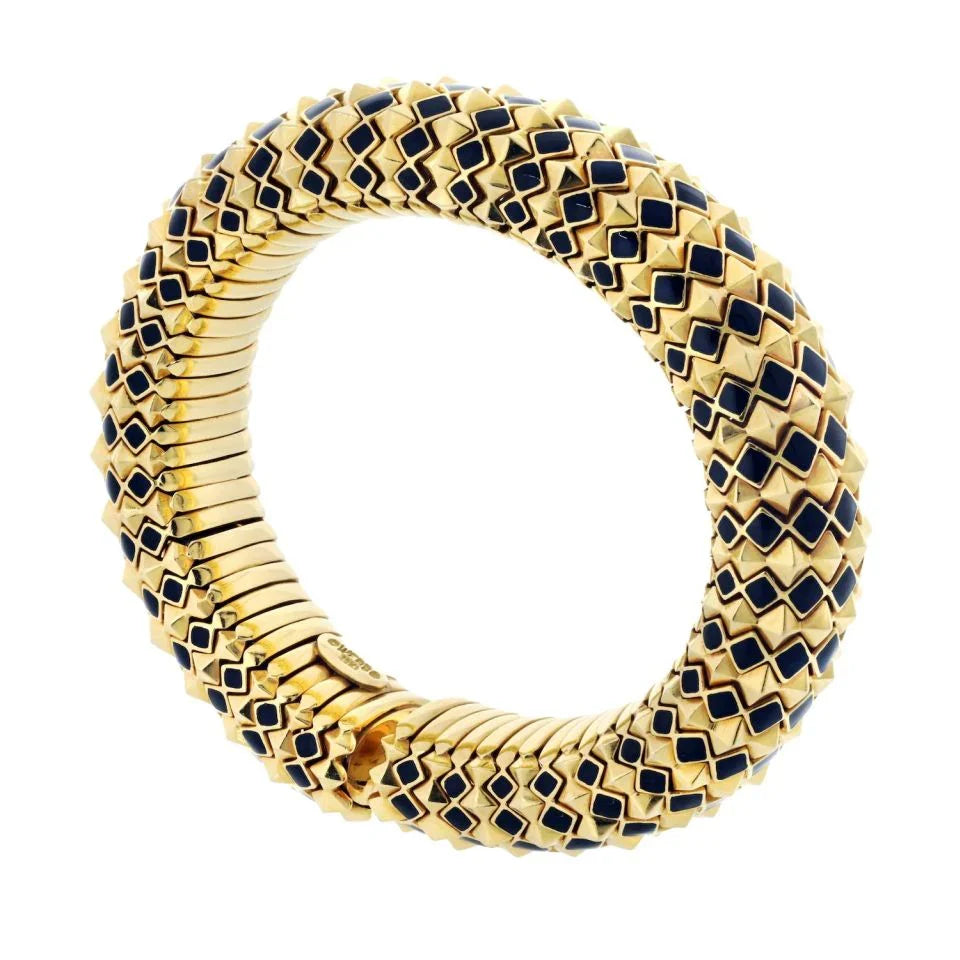 David Webb 18K Yellow Gold Spike Black Enamel Pyramid Slip On Bracelet - The Back Vault