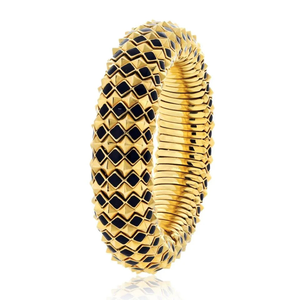 David Webb 18K Yellow Gold Spike Black Enamel Pyramid Slip On Bracelet - The Back Vault