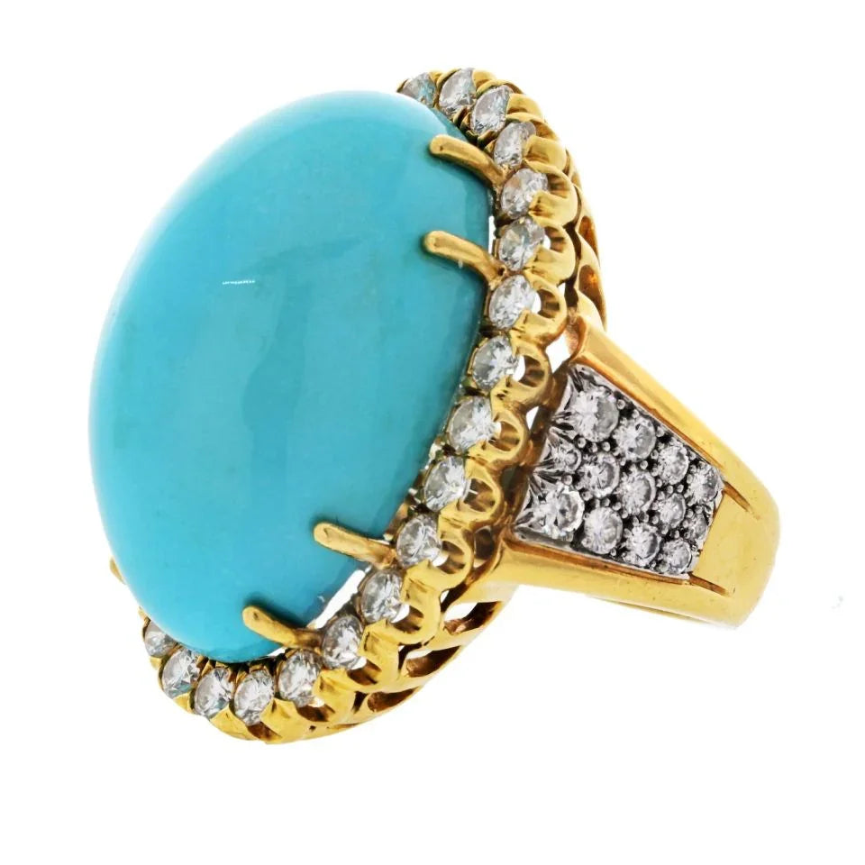 David Webb Platinum & 18K Yellow Gold Large Oval Turquoise And Diamond Ring - The Back Vault
