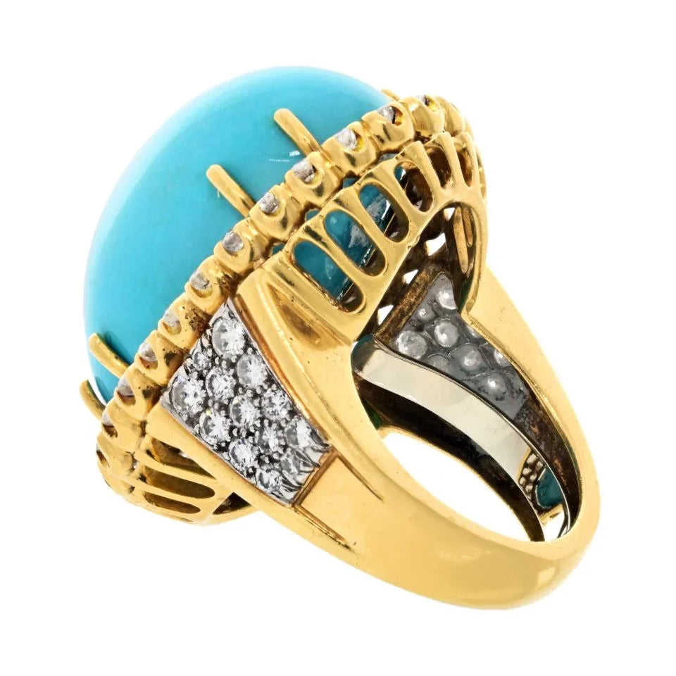 David Webb Platinum & 18K Yellow Gold Large Oval Turquoise And Diamond Ring - The Back Vault