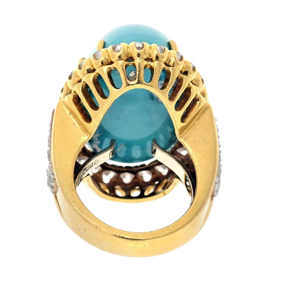 David Webb Platinum & 18K Yellow Gold Large Oval Turquoise And Diamond Ring - The Back Vault