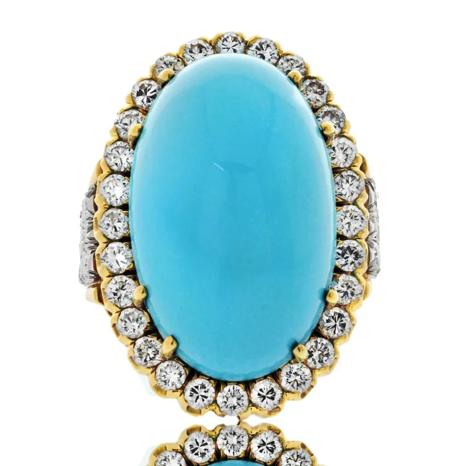 David Webb Platinum & 18K Yellow Gold Large Oval Turquoise And Diamond Ring - The Back Vault
