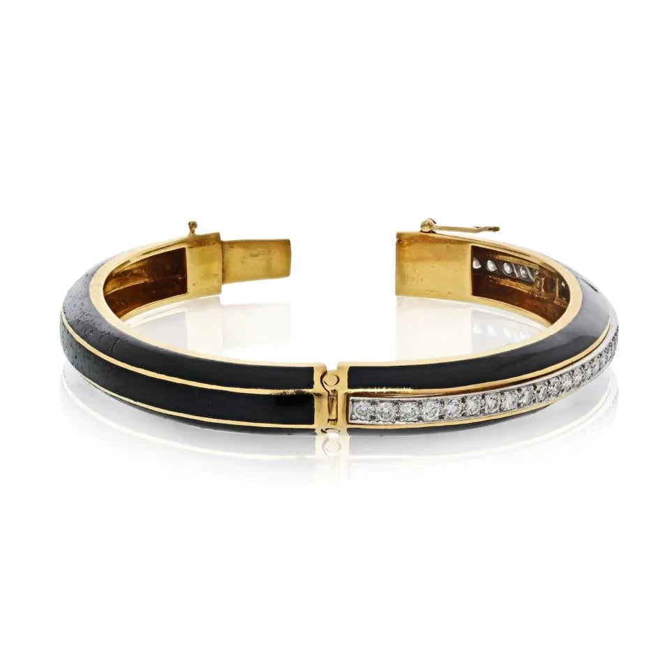 David Webb Platinum & 18K Yellow Gold Black enamel And Diamond Bangle Bracelet - The Back Vault