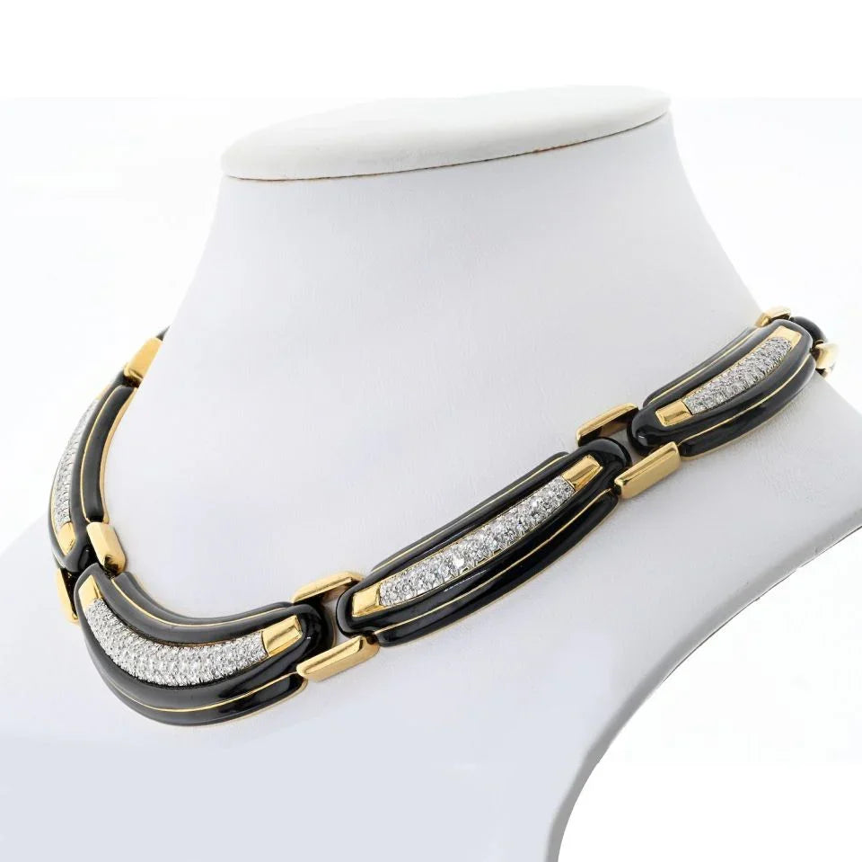 David Webb Platinum & 18K Yellow Gold Black Enamel And Collar Necklace - The Back Vault