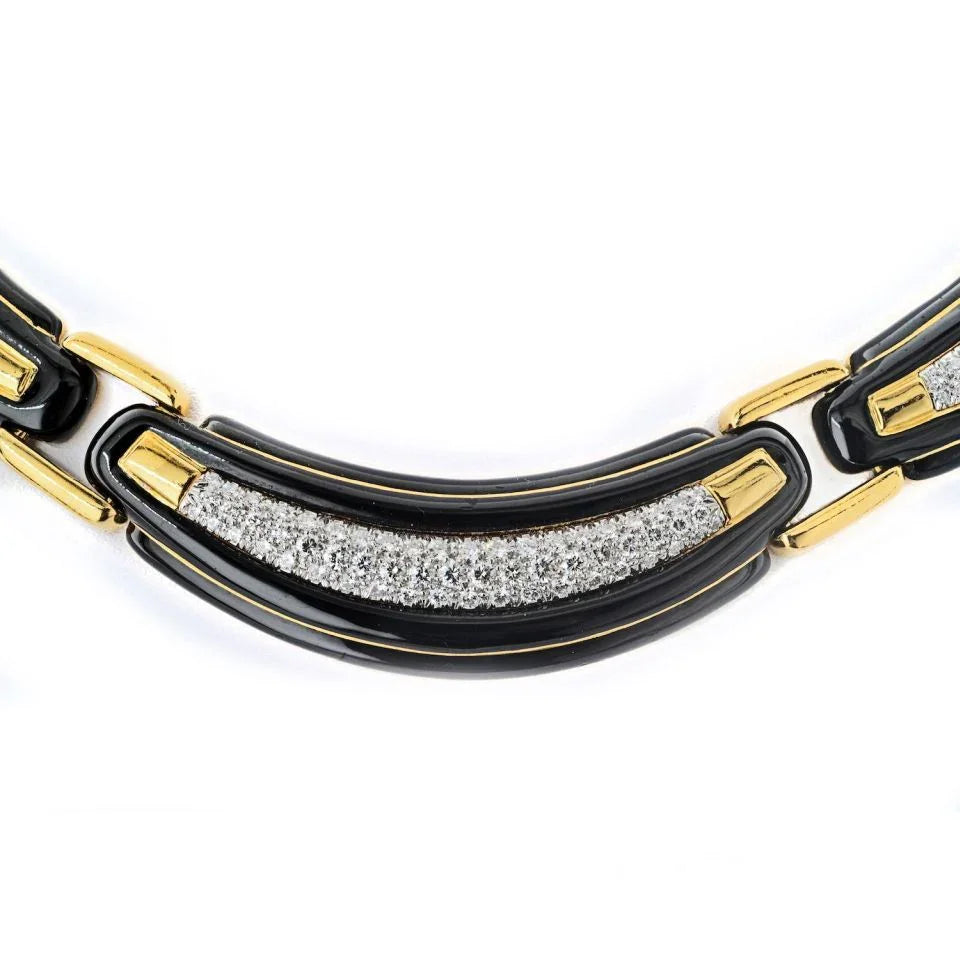 David Webb Platinum & 18K Yellow Gold Black Enamel And Collar Necklace - The Back Vault