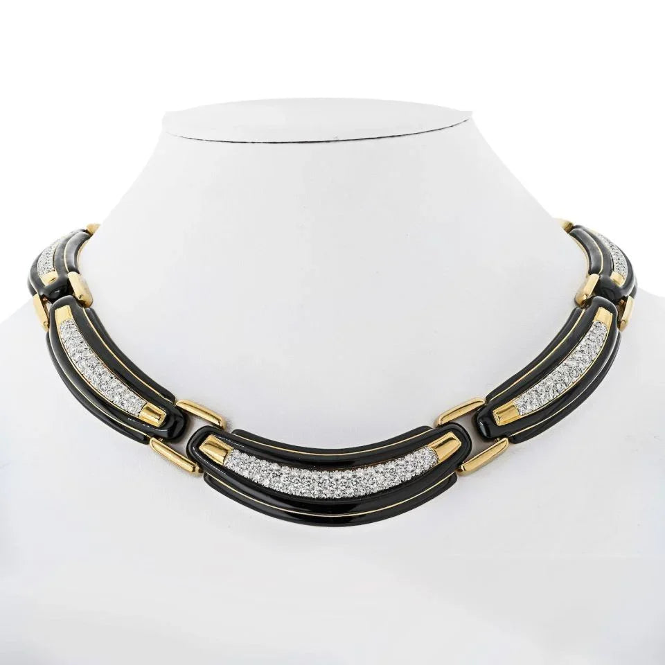 David Webb Platinum & 18K Yellow Gold Black Enamel And Collar Necklace - The Back Vault