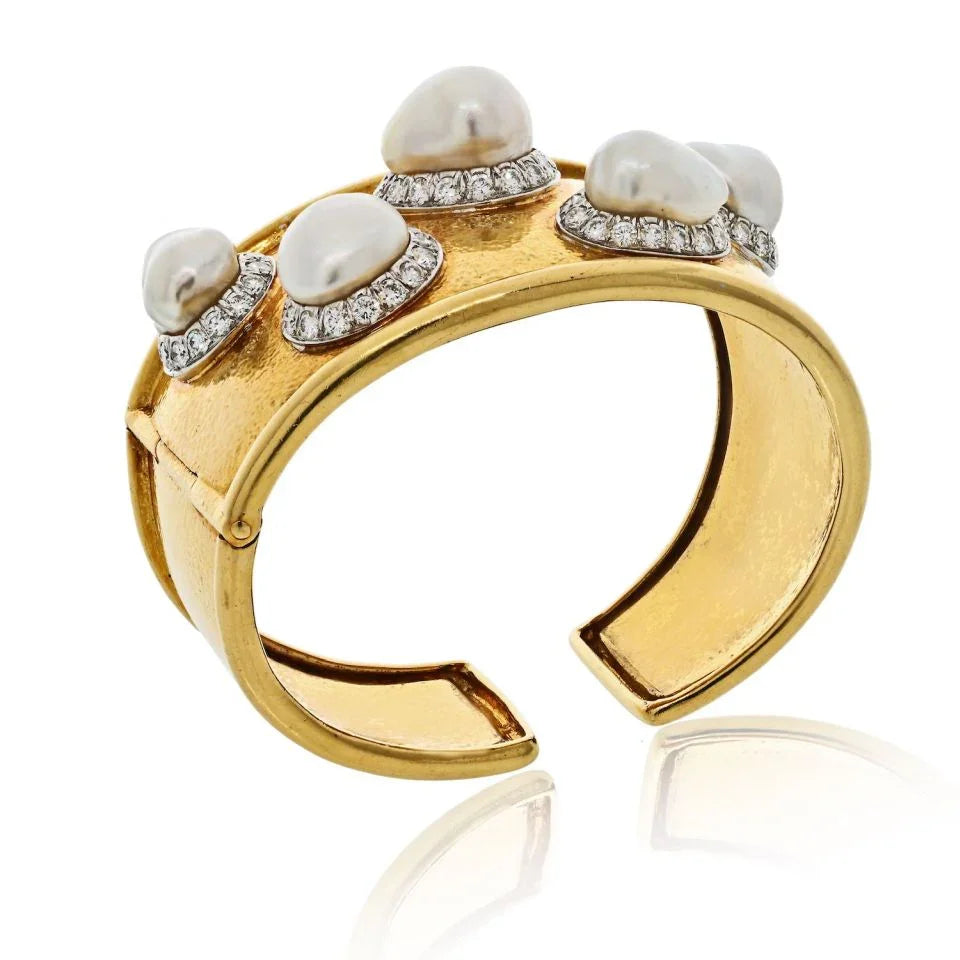 David Webb Platinum & 18K Yellow Gold Hammered Diamond And Baroque Pearl Cuff Bracelet - The Back Vault