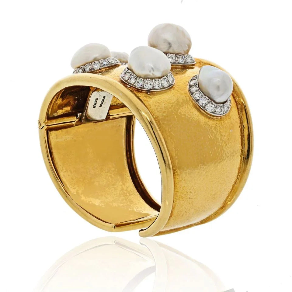 David Webb Platinum & 18K Yellow Gold Hammered Diamond And Baroque Pearl Cuff Bracelet - The Back Vault