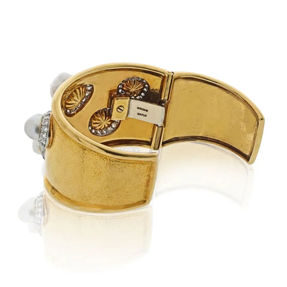 David Webb Platinum & 18K Yellow Gold Hammered Diamond And Baroque Pearl Cuff Bracelet - The Back Vault