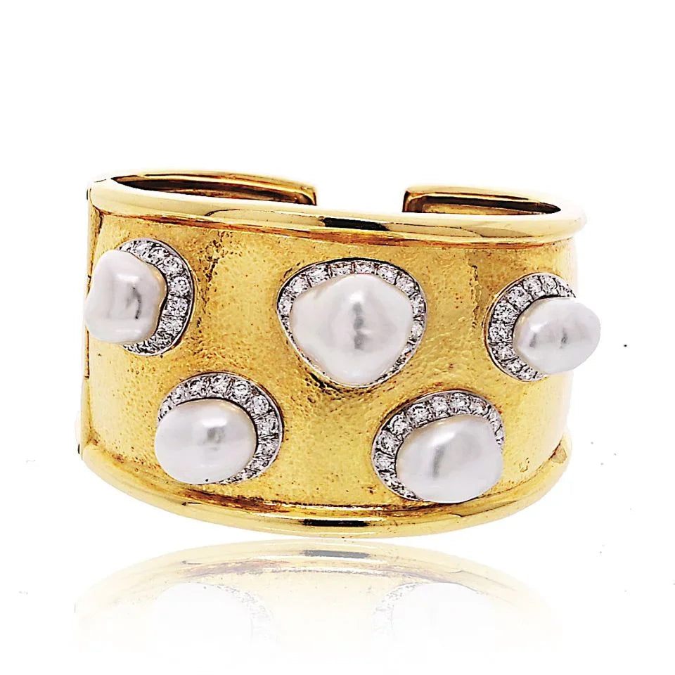 David Webb Platinum & 18K Yellow Gold Hammered Diamond And Baroque Pearl Cuff Bracelet - The Back Vault