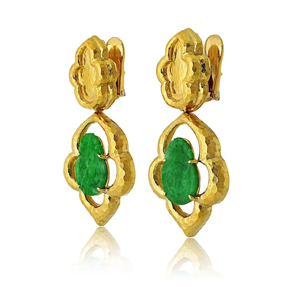 David Webb Platinum & 18K Yellow Gold Jade Textured Drop Earrings - The Back Vault