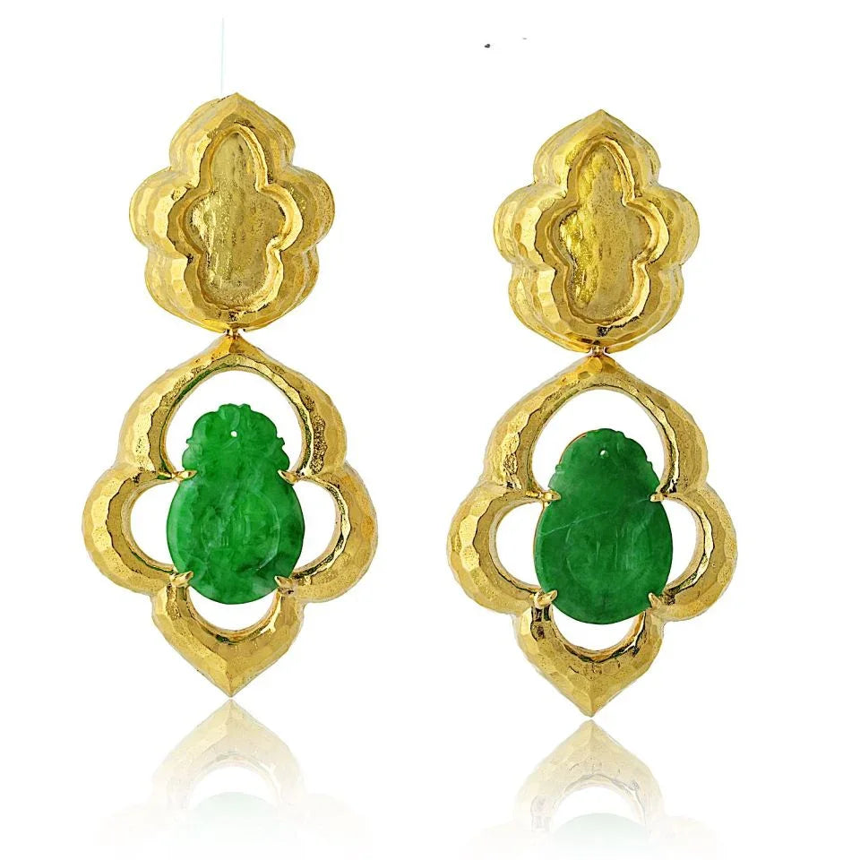 David Webb Platinum & 18K Yellow Gold Jade Textured Drop Earrings - The Back Vault