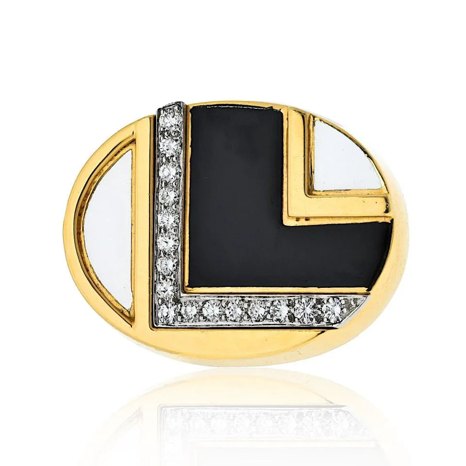 David Webb 18K Yellow Gold Black And White Enamel Diamond Ring - The Back Vault