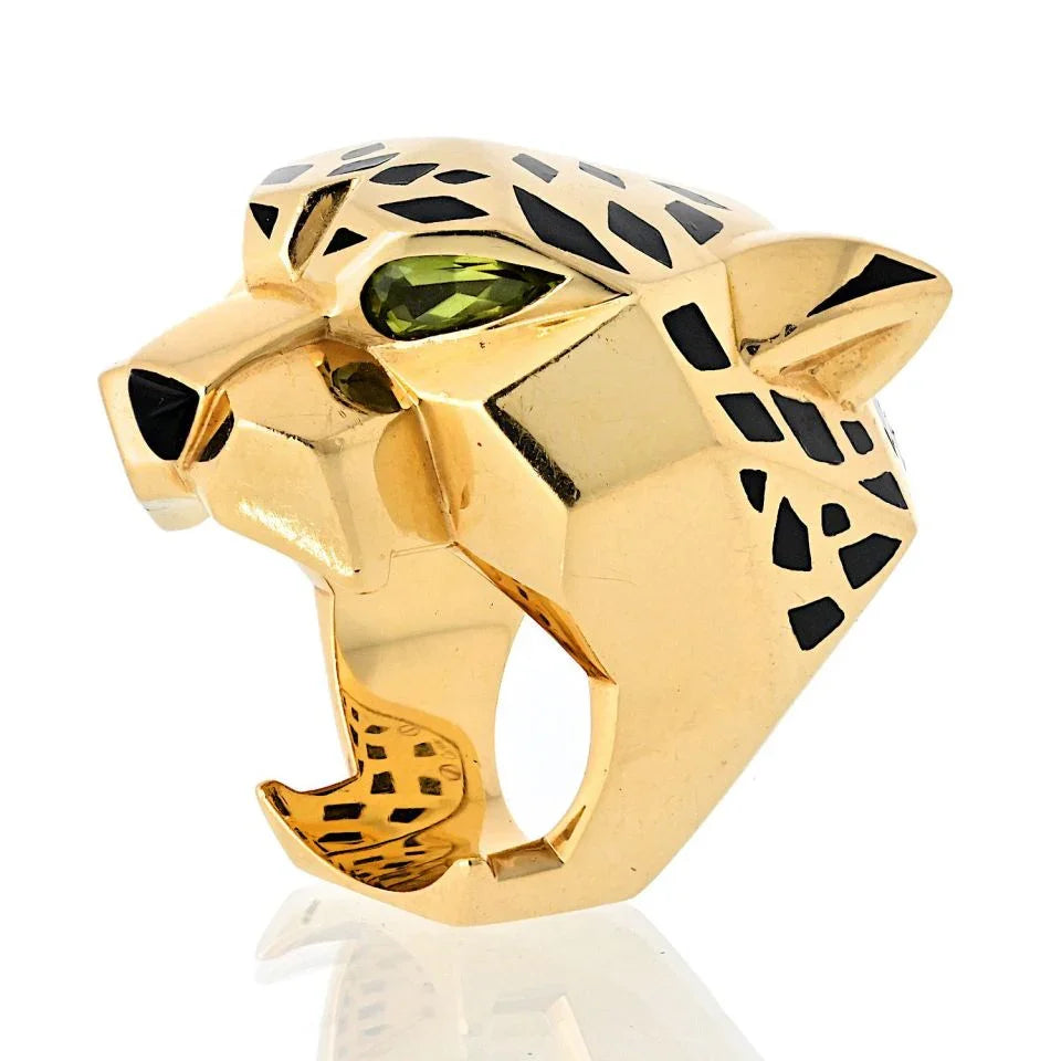 Cartier 18k Yellow Gold EU 55 Panthere Head Solid Design Spotted Lacquer Ring - The Back Vault