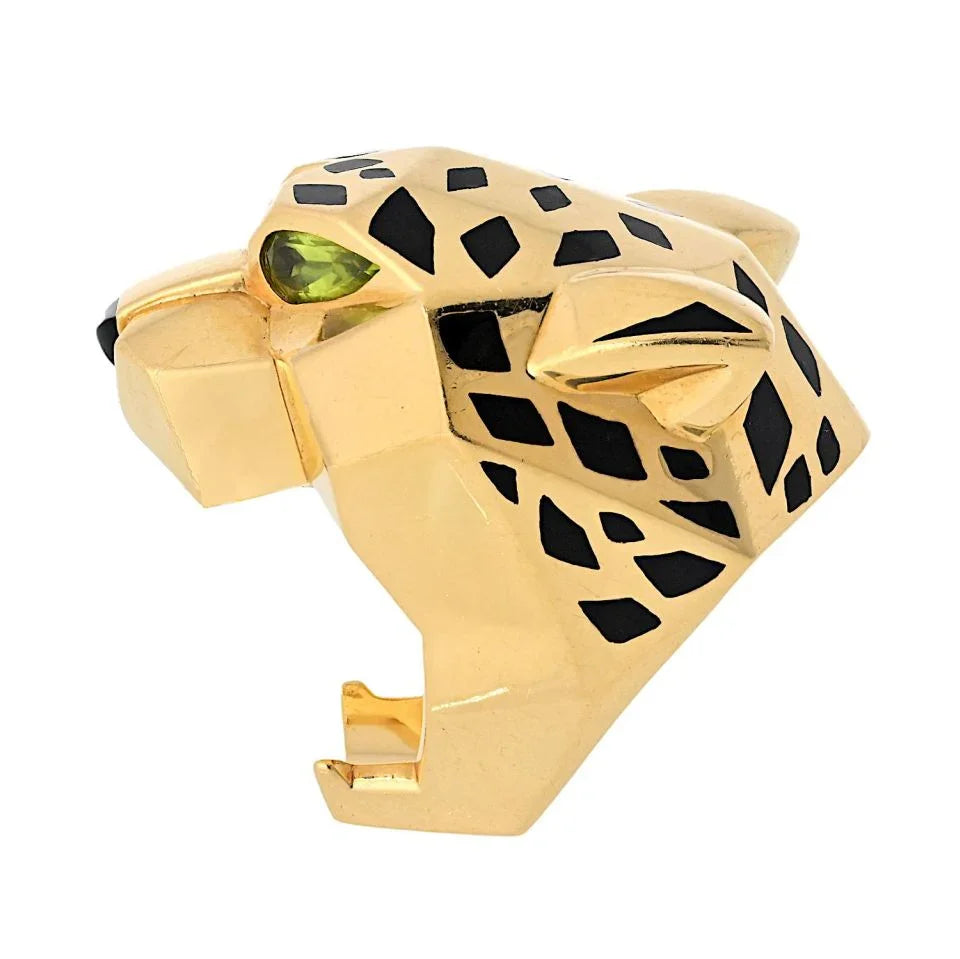 Cartier 18k Yellow Gold EU 55 Panthere Head Solid Design Spotted Lacquer Ring - The Back Vault