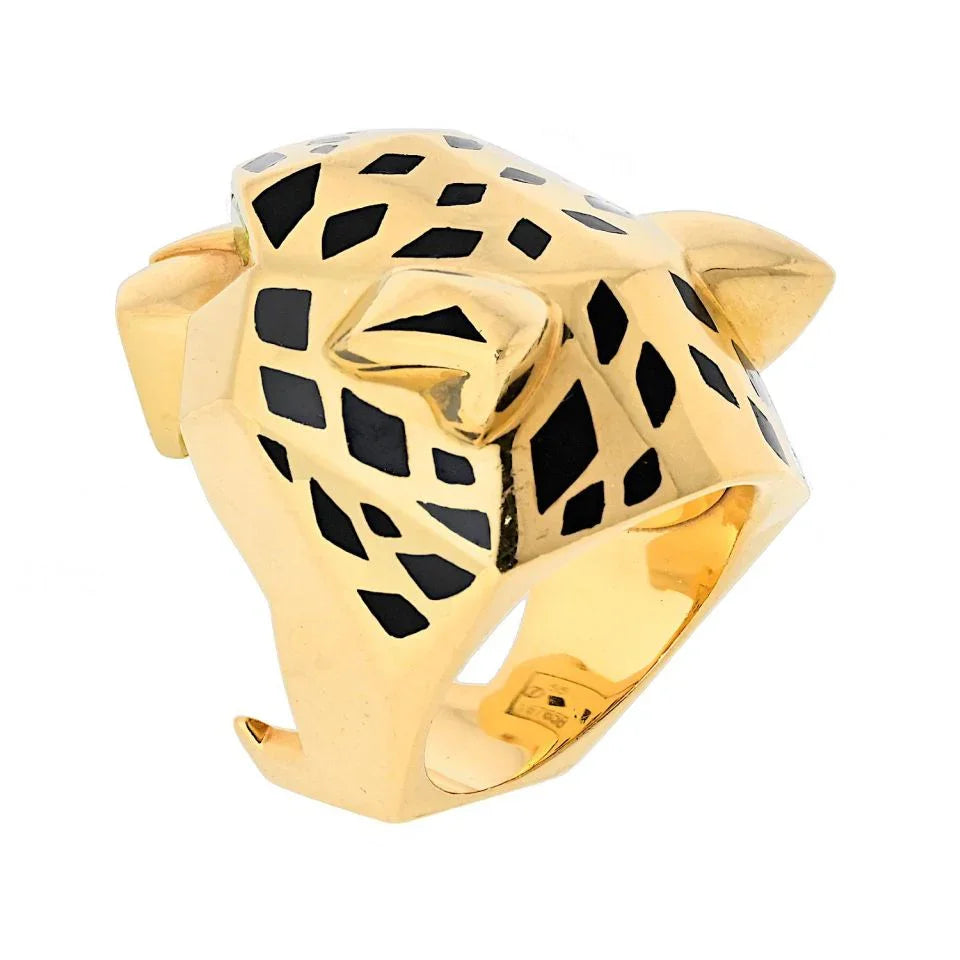 Cartier 18k Yellow Gold EU 55 Panthere Head Solid Design Spotted Lacquer Ring - The Back Vault