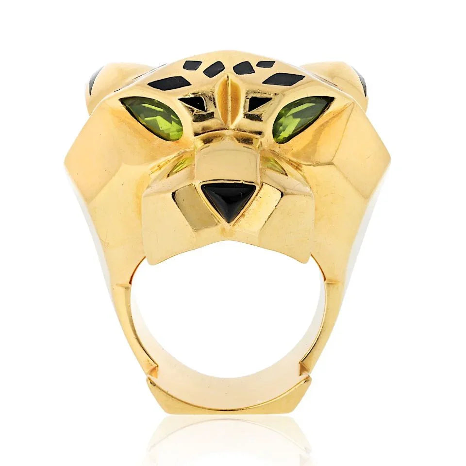 Cartier 18k Yellow Gold EU 55 Panthere Head Solid Design Spotted Lacquer Ring - The Back Vault