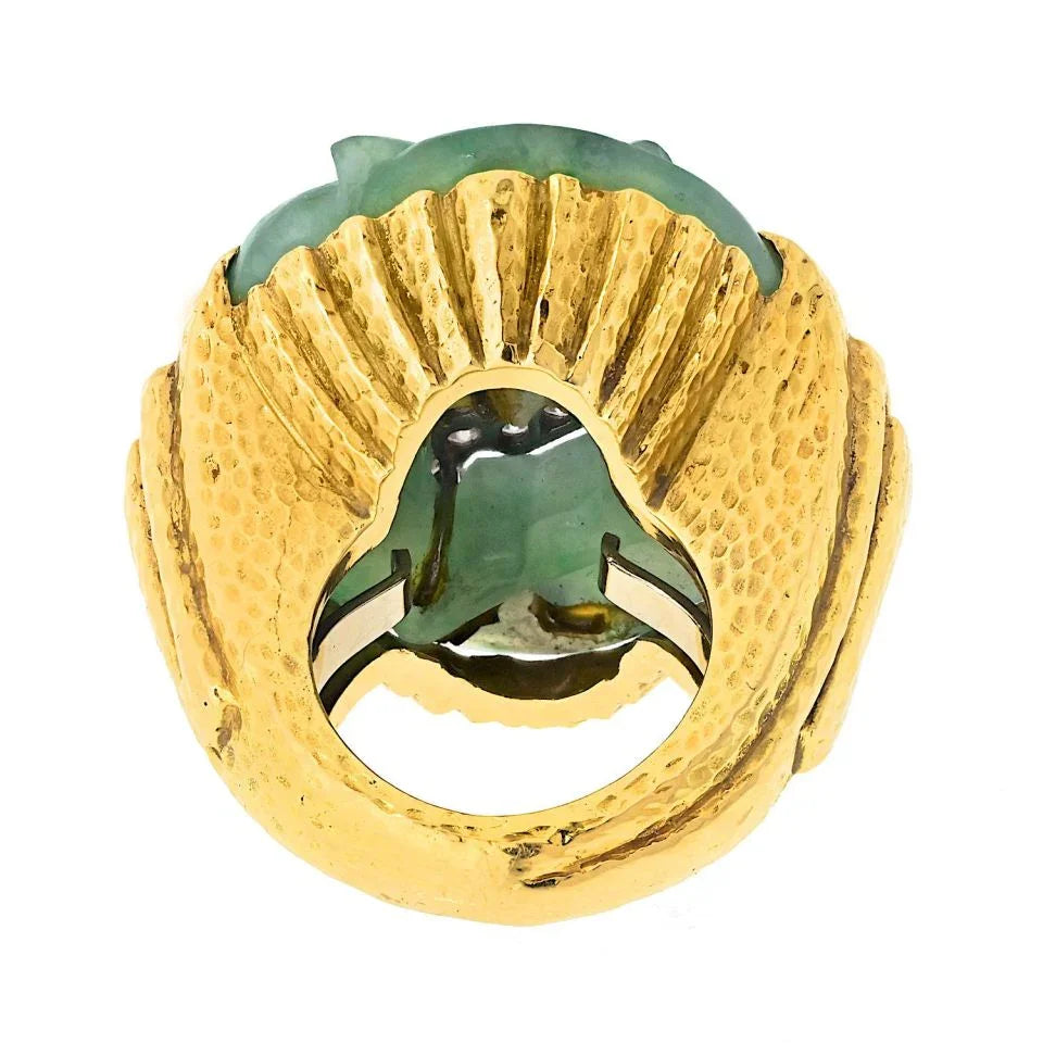 David Webb Platinum & 18K Yellow Gold Carved Panther Jade And Diamond Statement Ring - The Back Vault