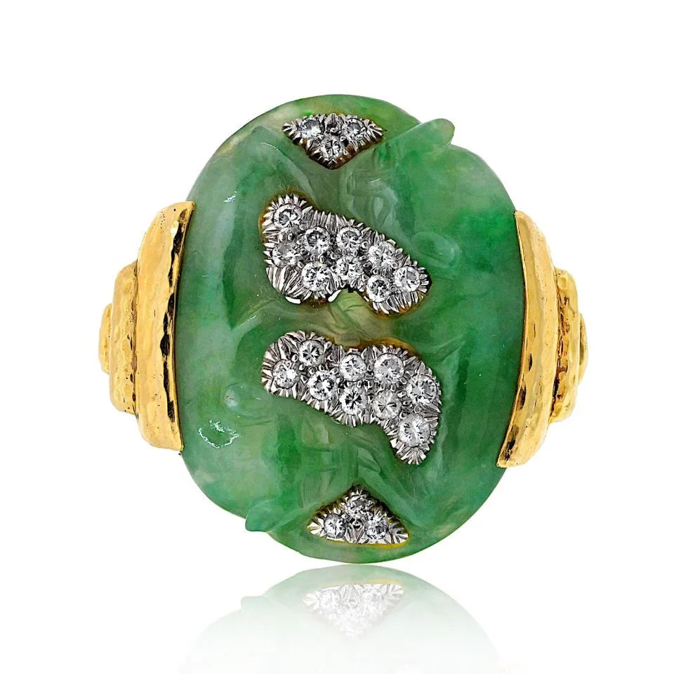 David Webb Platinum & 18K Yellow Gold Carved Panther Jade And Diamond Statement Ring - The Back Vault