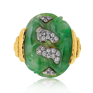David Webb Platinum & 18K Yellow Gold Carved Panther Jade And Diamond Statement Ring