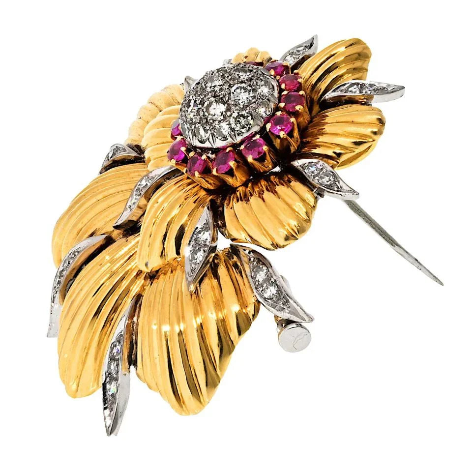 Tiffany & Co. Schlumberger Platinum & 18K Yellow Gold Diamond And Ruby Brooch - The Back Vault