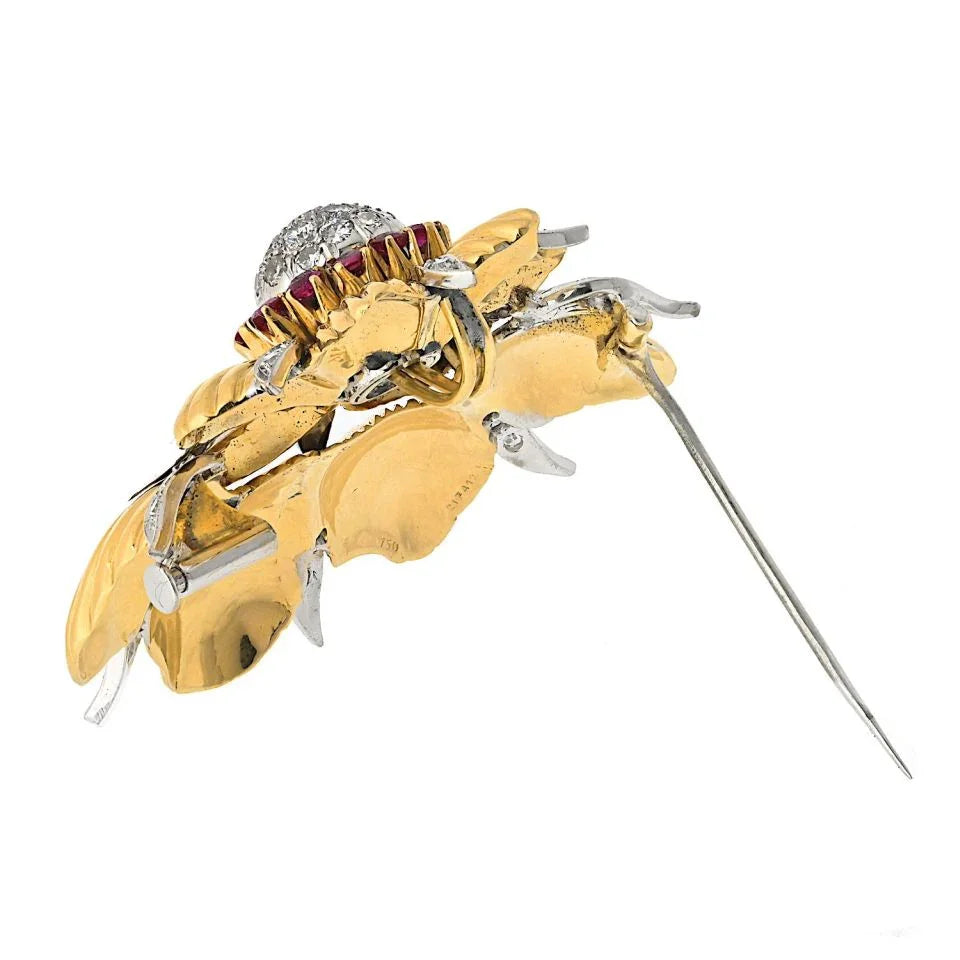 Tiffany & Co. Schlumberger Platinum & 18K Yellow Gold Diamond And Ruby Brooch - The Back Vault