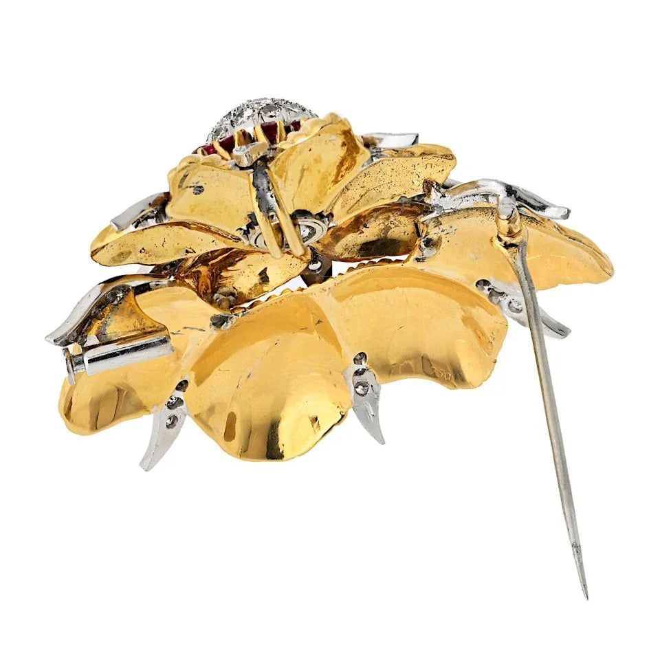 Tiffany & Co. Schlumberger Platinum & 18K Yellow Gold Diamond And Ruby Brooch - The Back Vault