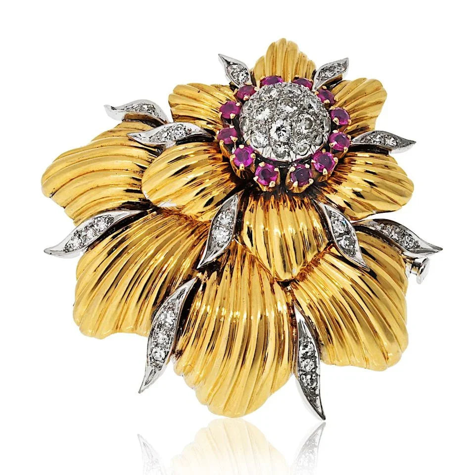 Tiffany & Co. Schlumberger Platinum & 18K Yellow Gold Diamond And Ruby Brooch - The Back Vault