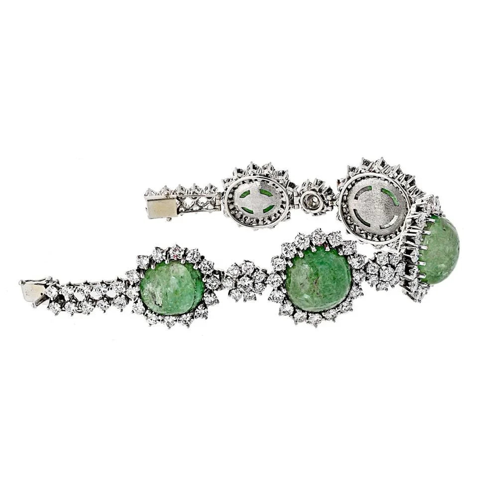 18K White Gold 1960's Cabochon Emerald And Diamond Bracelet - The Back Vault